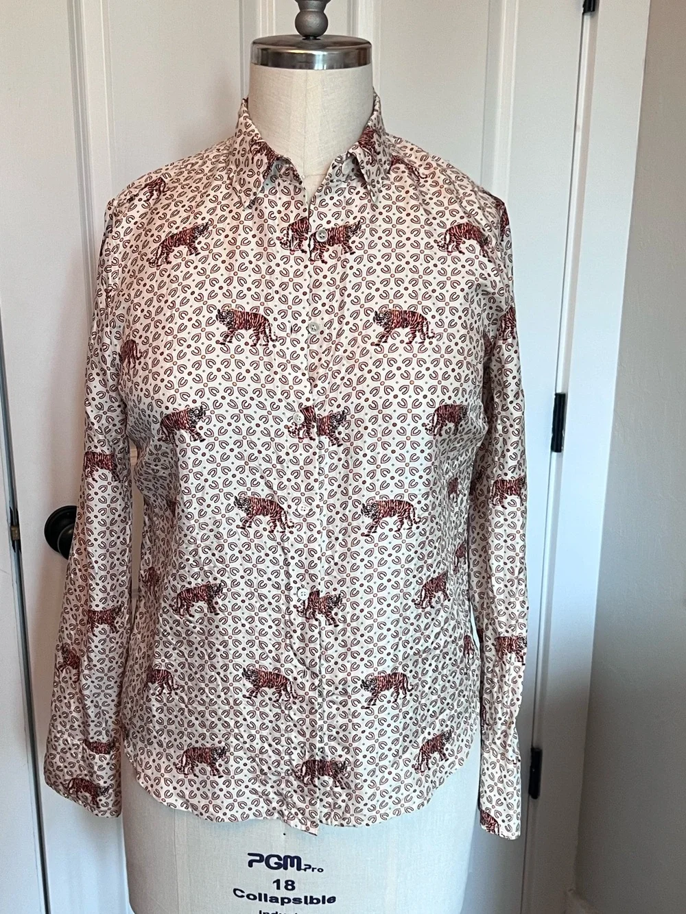 J. Crew Silk Cream Button-Down Shirt with Rust Orange Tiger Print